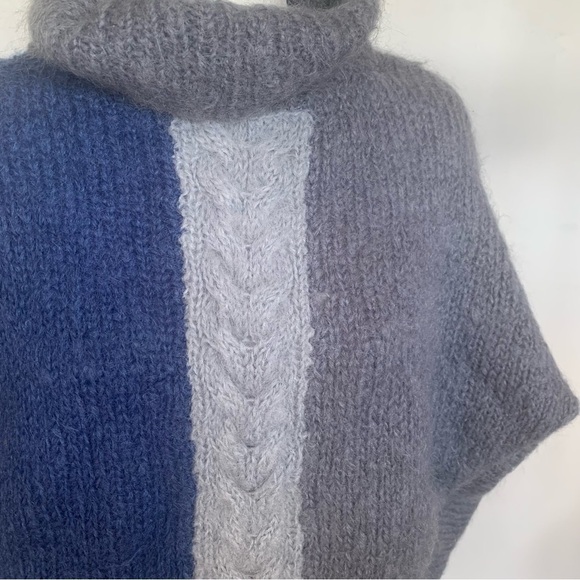 Hand Knit Style Sweater Cable Knit Pullover Turtle Neck Dolman Blues & Grey M - Picture 7 of 10